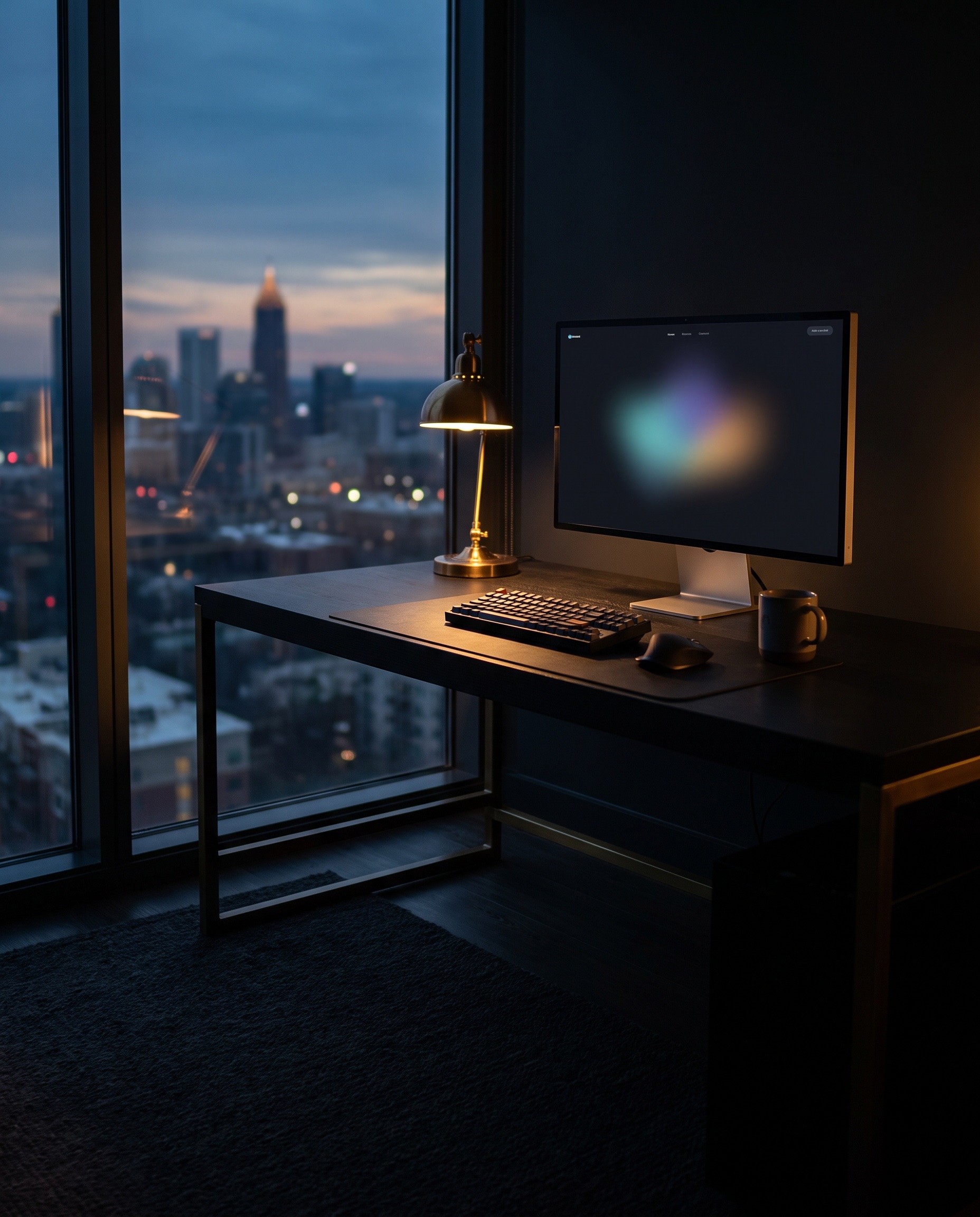 The ATL Becks studio — a workspace overlooking the Atlanta skyline at dusk
