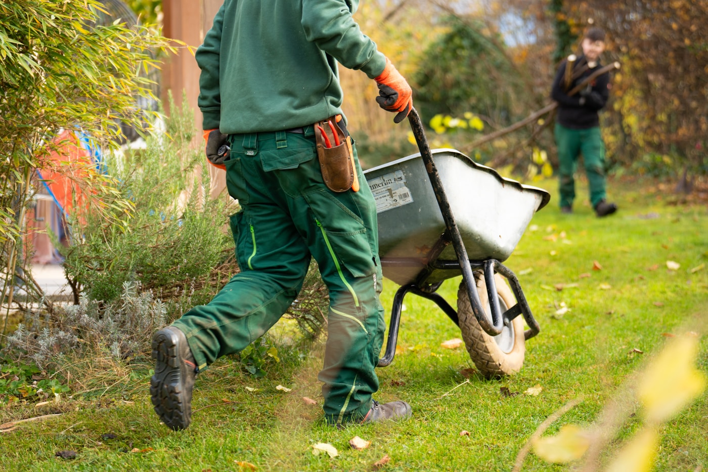 Landscaping crew performing an outdoor refresh and cleanup