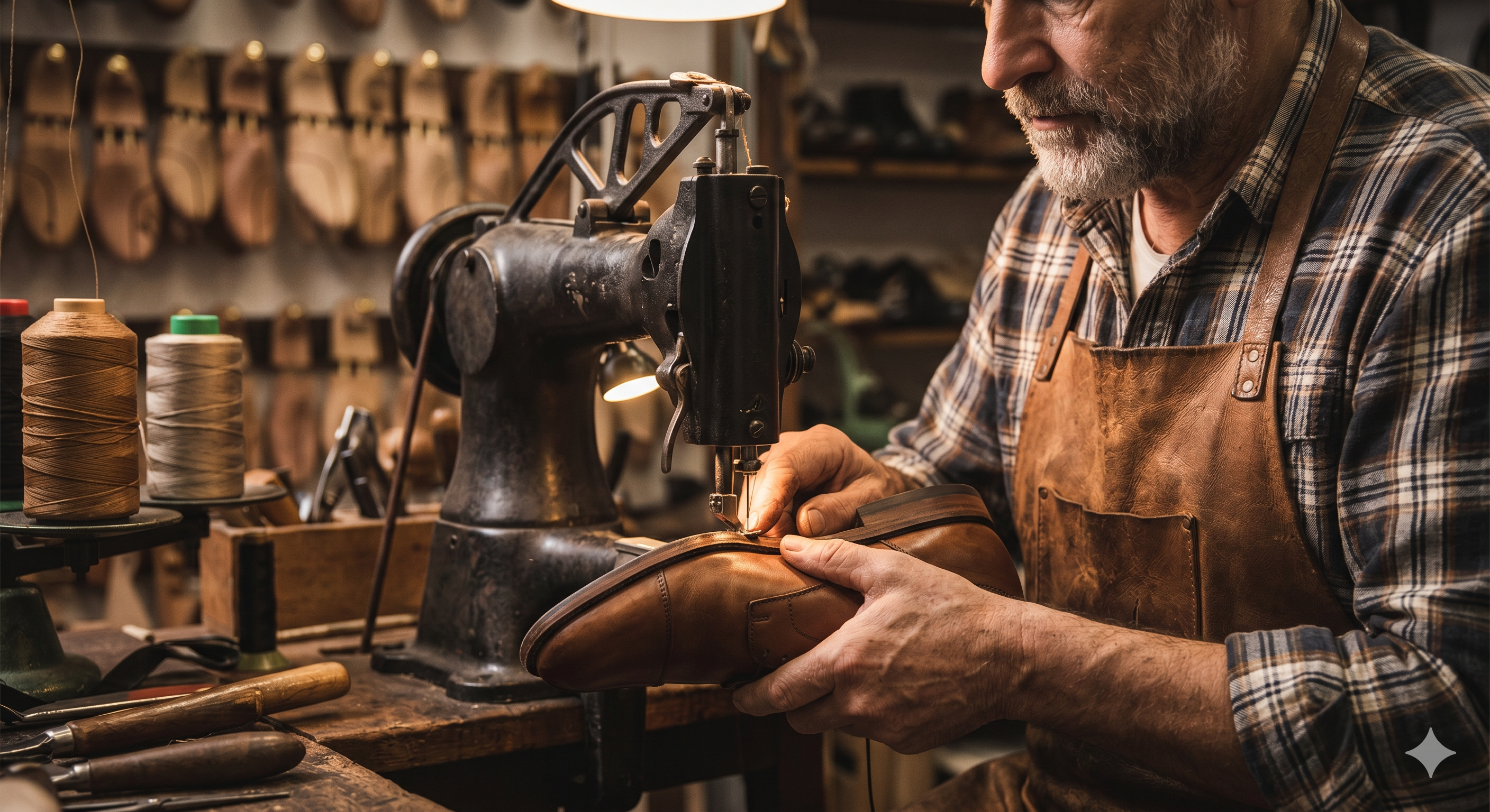 Classic leather boots and repair materials displayed in shop