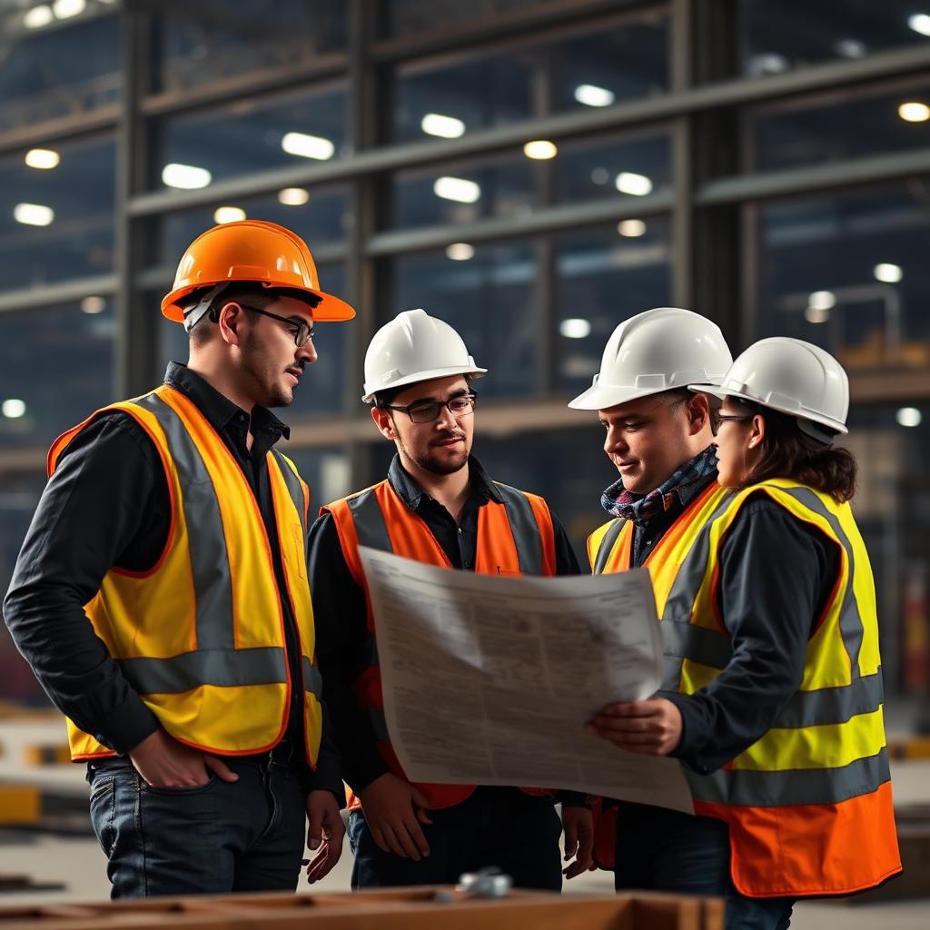Construction crew reviewing blueprints