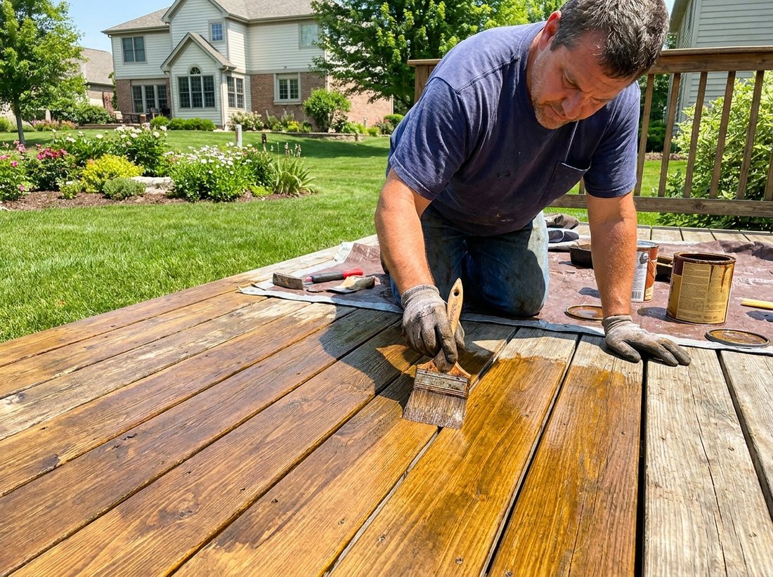 Applying wood stain to a backyard deck