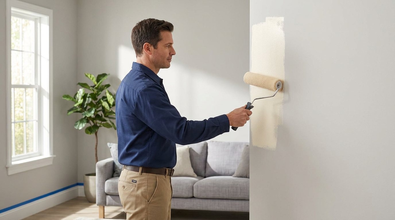 Shady Grove painter rolling fresh white paint onto a living-room wall