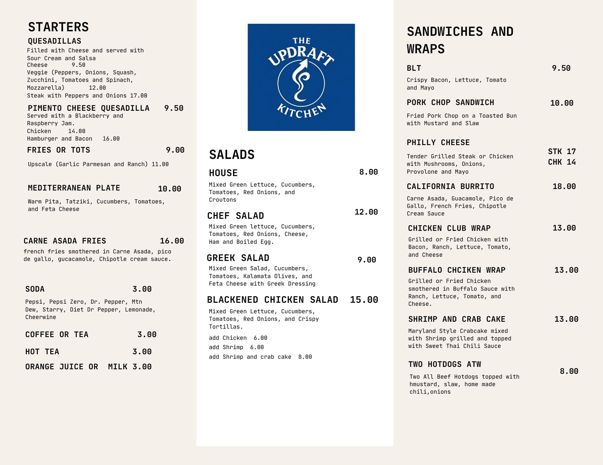Starters and Salads Menu