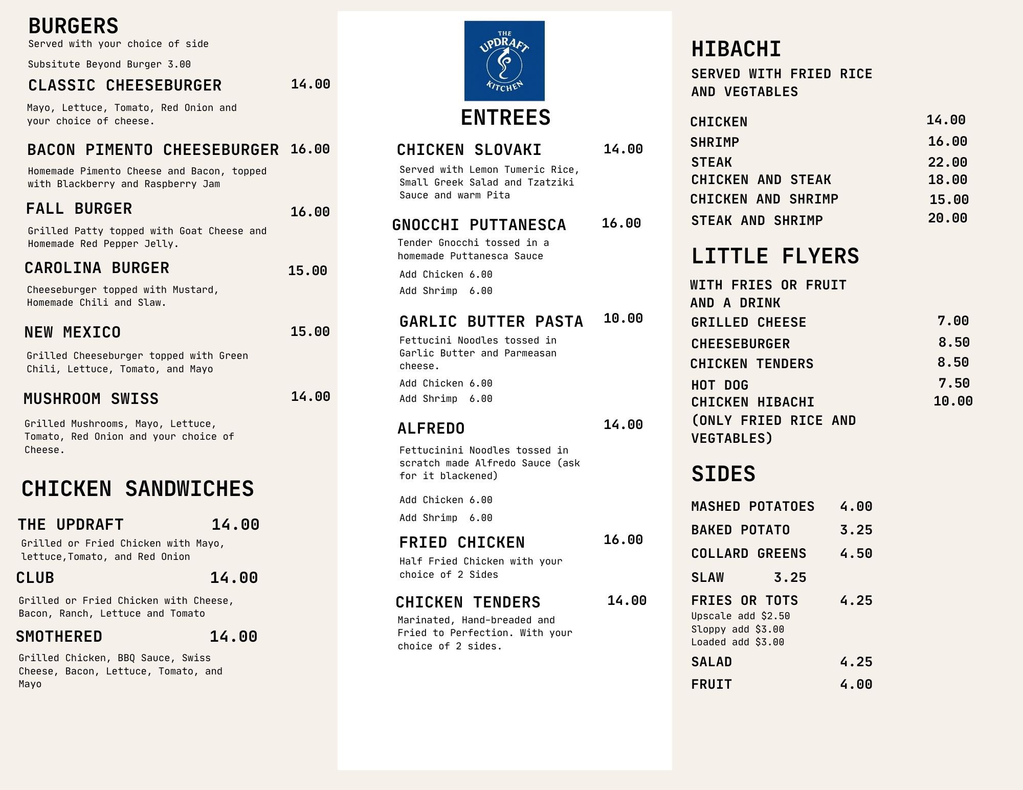 Burgers and Sandwiches Menu